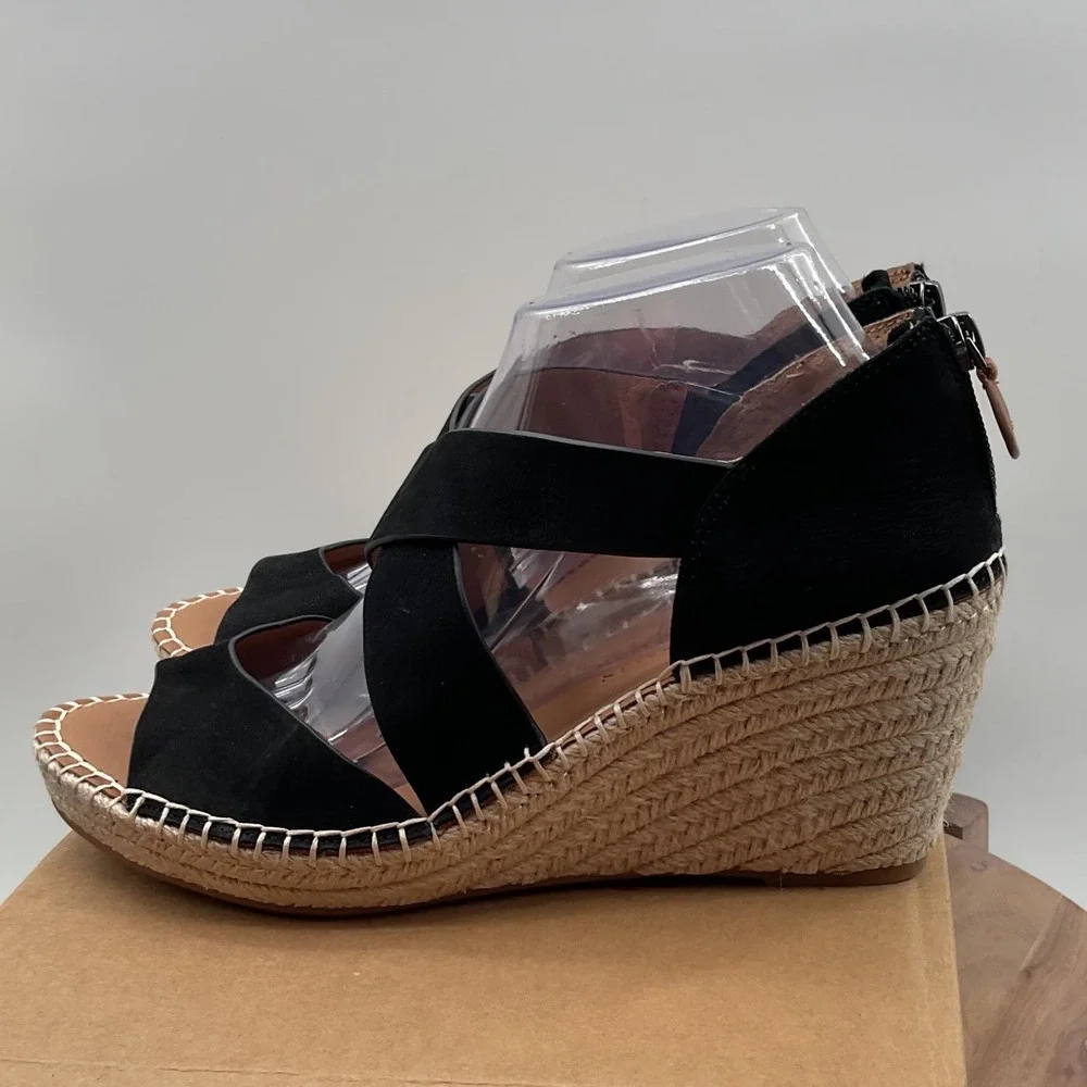 Gentle Souls Kenneth Cole Black Leather Espadrille Wedge Sandals Womens 9M